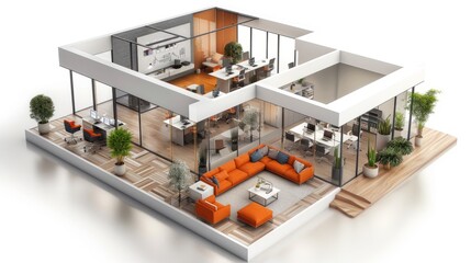 Modern office interior with glass walls, wooden floors, and orange accents