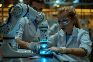 A highly skilled tech worker operating sophisticated robotic machinery in a futuristic industrial environment