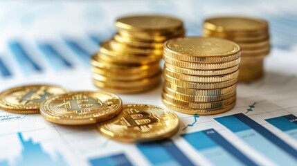 Stacks of gold Bitcoin physical cryptocurrency coins on a table with a graph in the background.