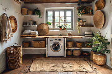 Home interior background. Cozy and rustic laundry room with white wall.