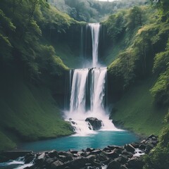 Serene Cascading Waters in Lush Green Forest