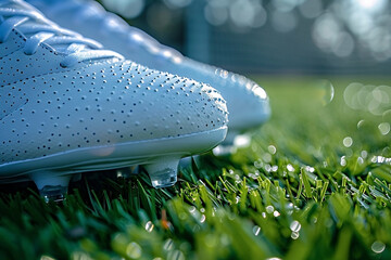 Close up of football shoes on the green grass. Soccer player's standing on the pitch. - obrazy, fototapety, plakaty
