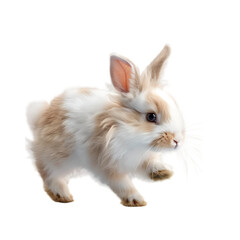 Fototapeta premium A fluffy rabbit with pink ears and a white face, standing on a white background.