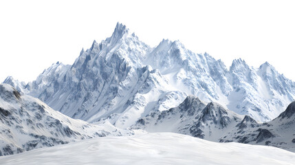 Fototapeta premium Snowy mountains with rocks and peaks, isolated on white background