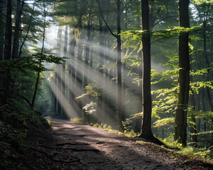 The golden hour sun filters through the lush green canopy, illuminating a serene forest trail with natural beauty.