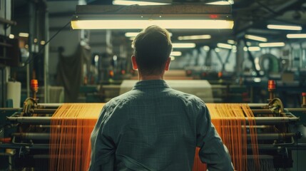 A textile worker oversees machines weaving fabrics in a factory, monitoring the intricate process