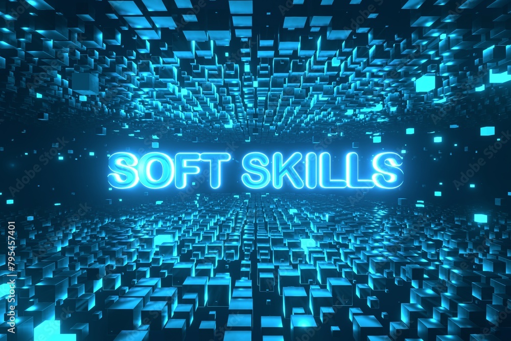 Aufkleber soft skills text inside rotating cube platforms in cyberspace. high-tech neon 3d illustration.