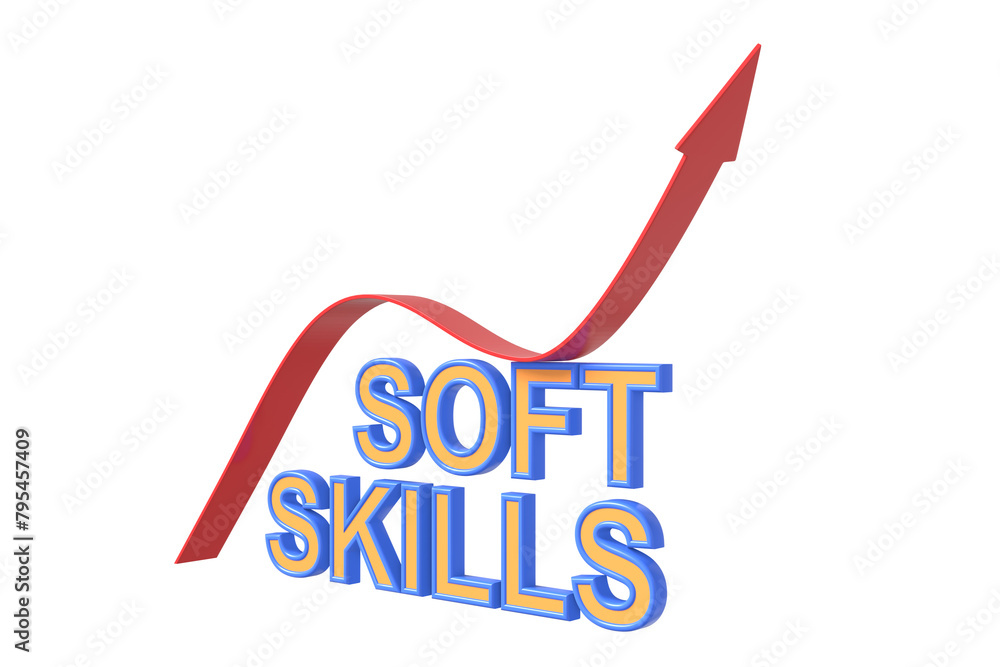 Poster red arrow growing graph and text soft skills. development concept. 3d illustration.