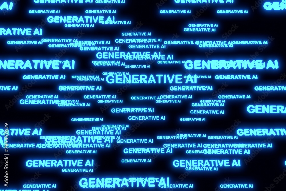 Poster generative ai text inside rotating clouds of neon holographic words. high tech neon 3d illustration.