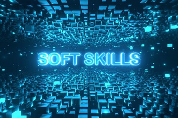 Soft Skills text inside rotating cube platforms in cyberspace. High-tech neon 3D illustration.