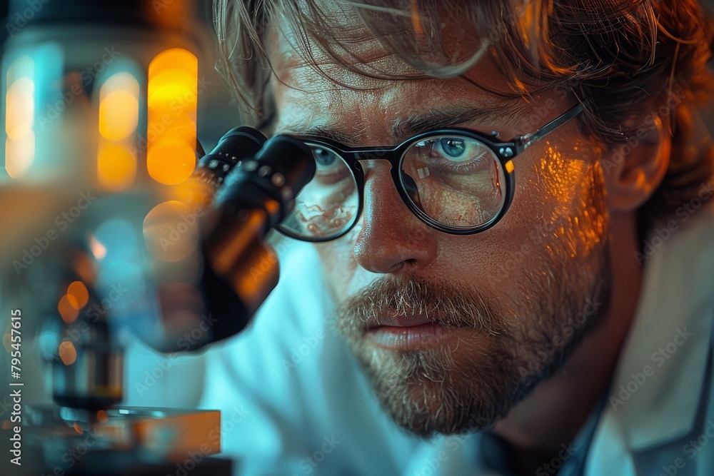 Poster a focused scientist examining a specimen under a microscope in a laboratory setting with warm ambien