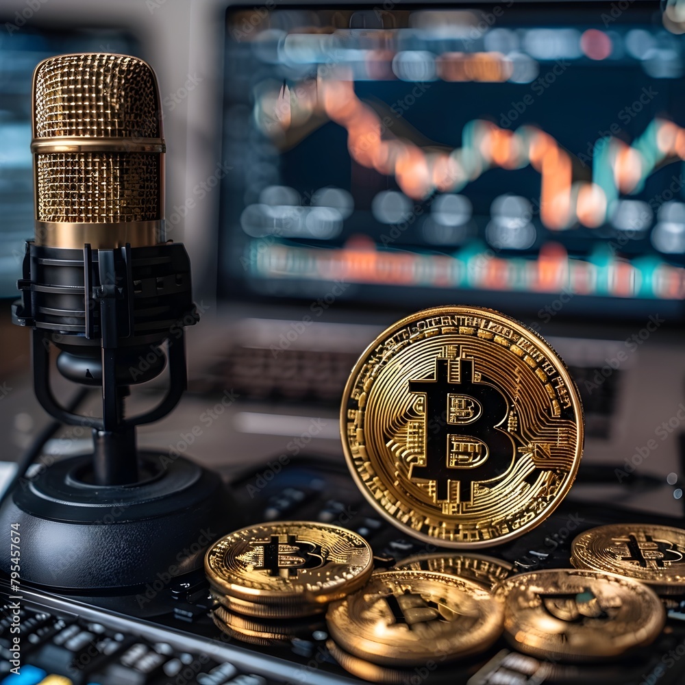 Poster cryptocurrency podcast studio setup with bitcoin coins and microphone