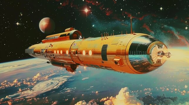 Retro futuristic spaceship in space with stars and planets in the background
