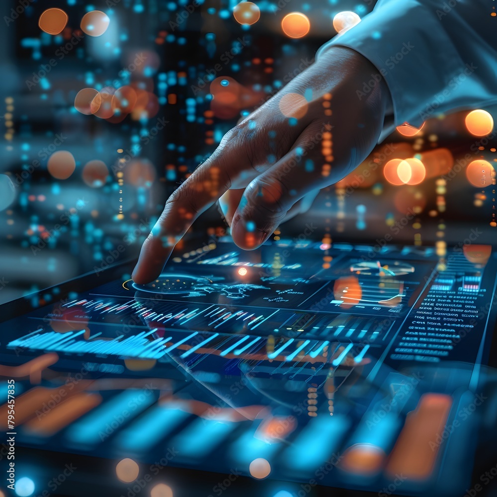 Poster futuristic financial analytics dashboard predicting market trends through big data insights