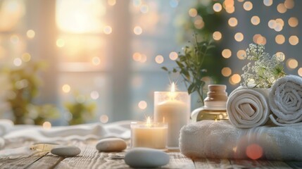 Beautiful spa treatment composition such as Towels, candles, essential oils, Massage Stones on light wooden background. blur living room, natural creams and moisturizing Healthy lifestyle, body care