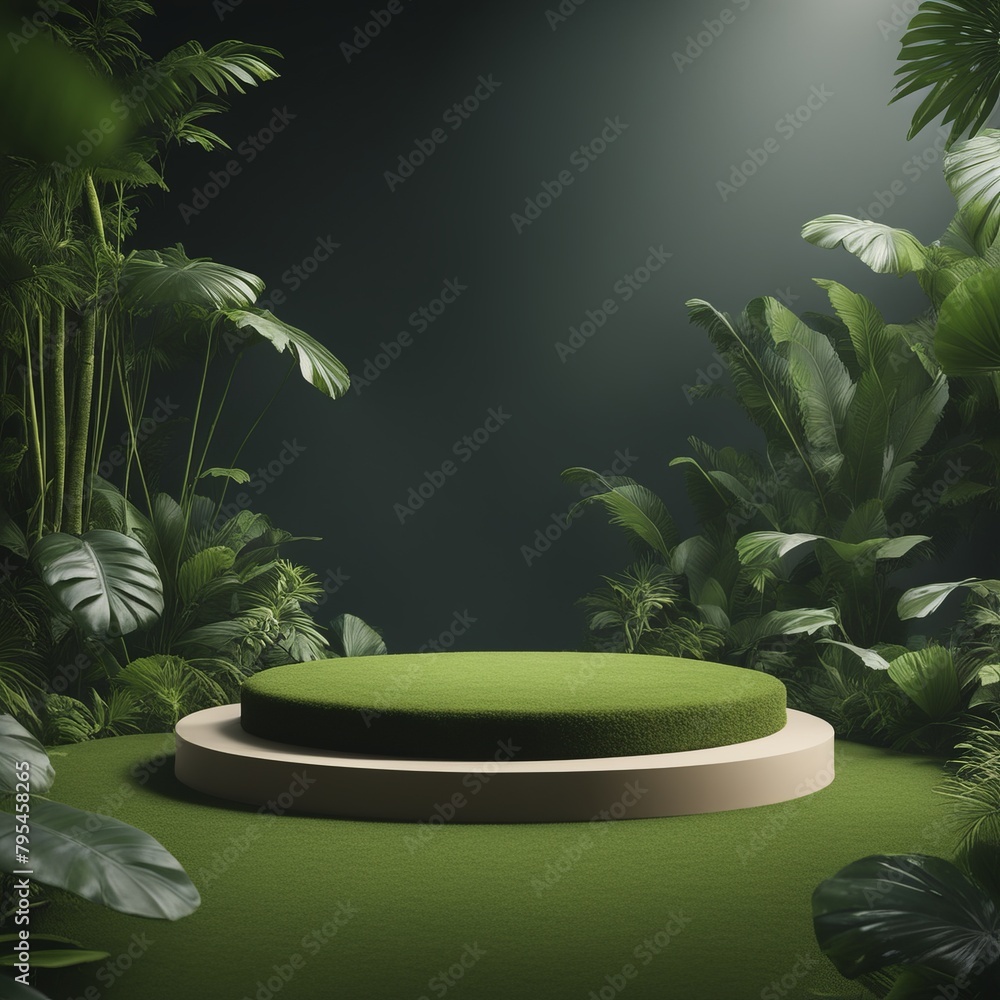 Sticker 3d rendering. empty podium with green leaf background.