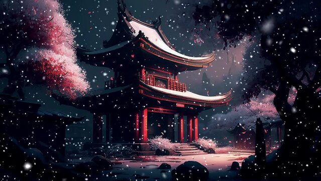 Looped snowflakes. Midnight snowflakes falling on the Japanese Pagoda. Sakura in the snow.  Looped Christmas snow. Midnight snowfall. Generative AI.