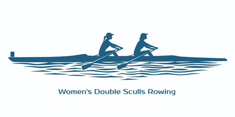 Two sportswomen with oars in shells. Women Double Sculls Rowing. Water in a separate layer.