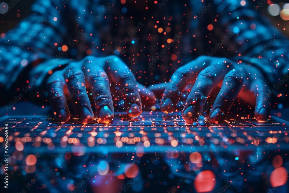 Poster vibrant image depicting hands typing on a keyboard with cyber data security concept, glowing in neon