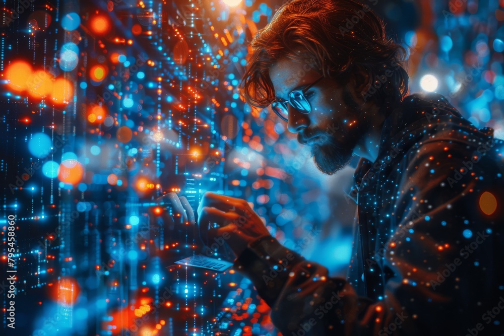 Poster cybersecurity professional analyzing complex code on multiple screens in a high-tech digital environ