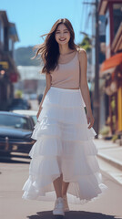 프릴 스커트 입은 아름다운 한국 여성