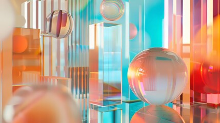 A colorful room with many glass spheres and cubes. The room is filled with light and the spheres...