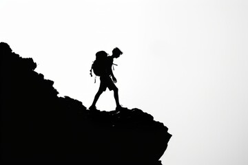 silhouette of a person hiking carrying backpack , white background
