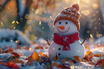 A colorful snowman on the snow  - obrazy, fototapety, plakaty
