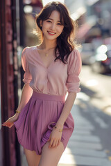 핑크색 옷을 입은 아름다운 여성