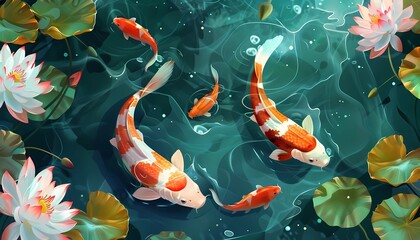 Illustration of vibrant koi fish swimming among lotus flowers in a serene pond, concept of tranquility, nature, and traditional Asian art - obrazy, fototapety, plakaty