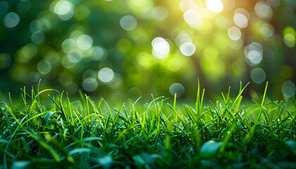 A vibrant green lawn with fresh grass outdoors, creating a peaceful and serene natural environment. Perfect for spring-themed designs, environmental campaigns, or nature-related content. - obrazy, fototapety, plakaty