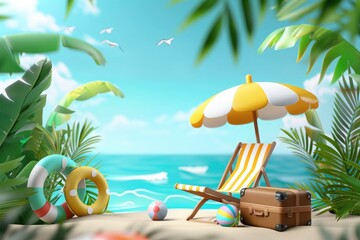Summertime season sale banner with beach chair, beach ball, suitcase and life ring under an umbrella on a summer sea background with tropical plants. 