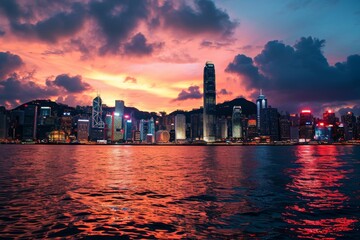 Hong Kong skyline from Victoria Harbor, View from across Victoria Harbor HongKong.,  AI generated