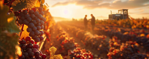 Golden Sunset Over Vineyard with Harvesting in Progress