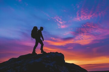 silhouette of a solo traveler hiking during sunset carrying hiking backpack