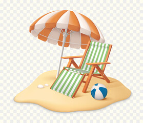 Tropical sand beach with chair, umbrella and ball isolated vector illustration. Summer vacation concept 
