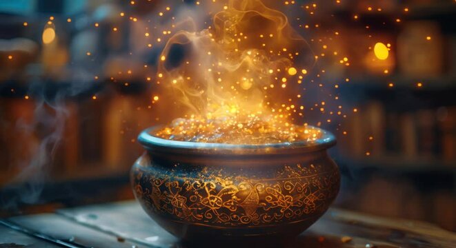 A sorcerer's potion brewing in a cauldron, blurred alchemy books