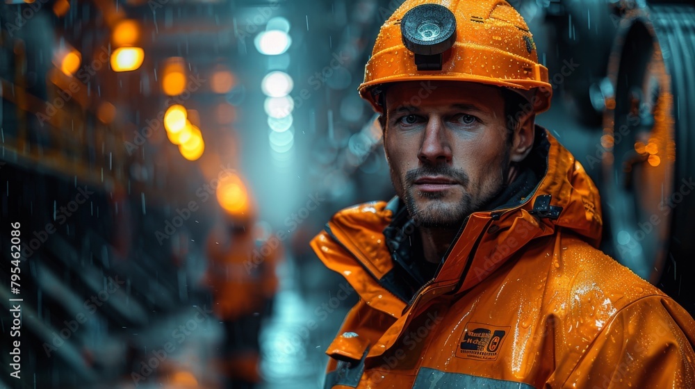 Poster a captivating series of portraits featuring engineers and technicians working in a hydroelectric pow