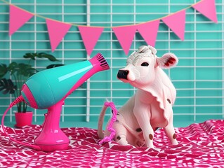 A cow using a hair dryer to style its tail into a fancy braid ,