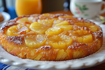 Golden pineapple upside down cake on table