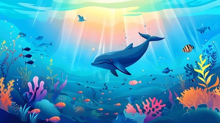 Whale swimming free underwater, swimming underwater deep sea, world ocean day