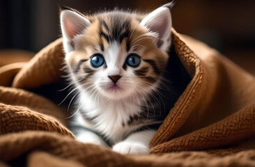 Cute kitten in a blanket cozy