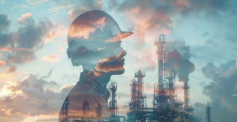 An engineer in a helmet works in an oil and gas factory captured in a double exposure, Generated by AI