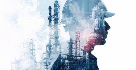 Engineer in helmet works in oil and gas factory double exposure captures industrys impact, Generated by AI