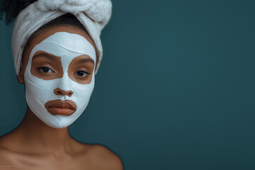 Afroamerikanischen Frau mit Gesichtmaske zur Pflege für die Haut, ai generativ - obrazy, fototapety, plakaty