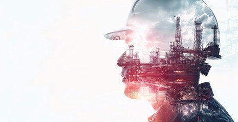 An engineer in a helmet works in a factory while the oil and gas industry is depicted in a double exposure, Generated by AI