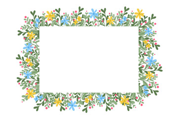 Banner with floral frame with spring abstract flowers and branches. Horizontal template in flat style for header or footer isolated on white background