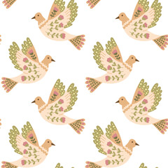 Fantasy seamless pattern with bird in folk floral style. Vector hand drawn abstract flower on wings. Animalistic illustration in retro boho style. Vintage nature print design for textile or wallpaper
