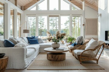 Scandinavian coastal modern living room with a palette of blues and natural materials