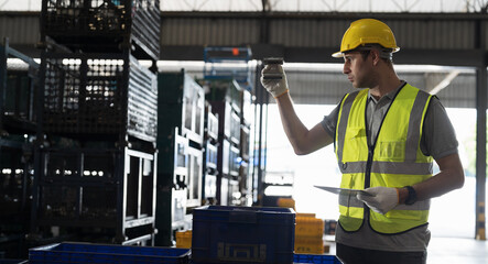 Male warehouse worker wear safety uniform, helmet and inspecting quality of products with digital tablet in storage warehouse